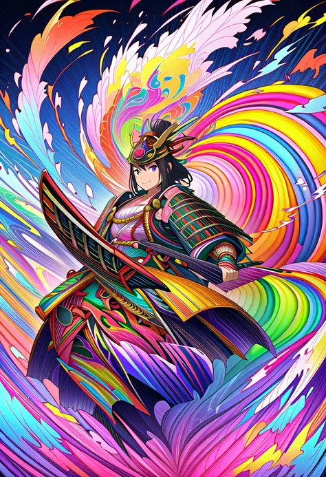 (masterpiece, Best Quality,  OFFICIAL ART:1.2), ( colorful ), perfect anatomy,  watching the audience,A female samurai,  Japanese armor、Alone, White background, floating  colorful  water, Ultra-fine illustration,  Detailed Drawn ,  dynamic angle that raise...