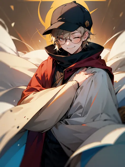 1male, glasses, baseball hat, sweater, cloak, earring eyes closed, smile