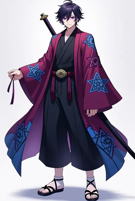  A sexy male warrior , with one eye in purple ,  with the other eye in whitish blue ,  with black hair with dark purple tones ,  dressed in a haori in dark magenta color with blue with black star design,  wearing inside a buttoned shirt in black color ,  w...