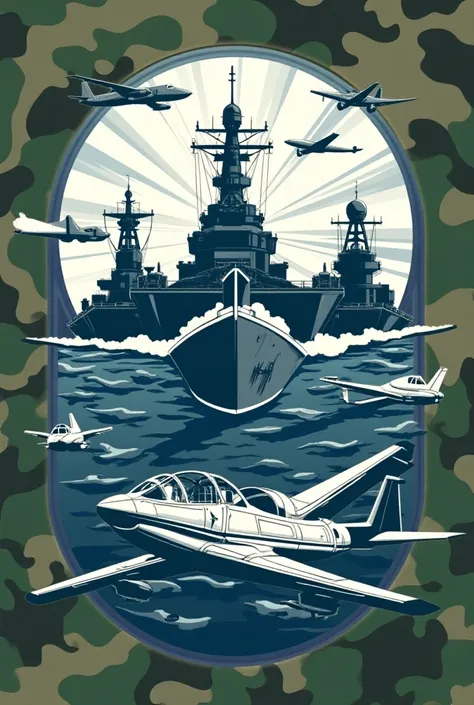  Create an ART an 80 x 120  (vertical)  Banner featuring the three armed forces Navy ,  Army and Aeronautics for a professional event,  camouflaged background print ,  banner with the colors White , Ultramarine blue and green 