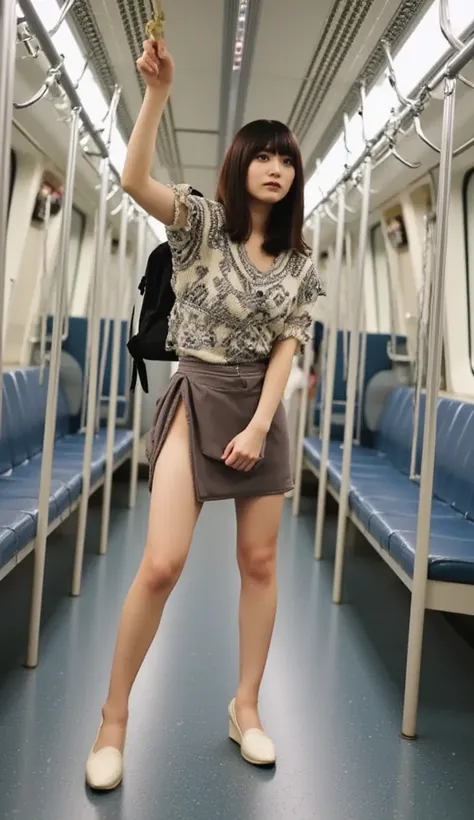 She is wearing a blouse and miniskirt with a very open chest while standing while leaning forward while picking up a wallet that was dropped underfoot while commuting by train、Photographed from the front of the body,Angle shot looking up from a persons fee...