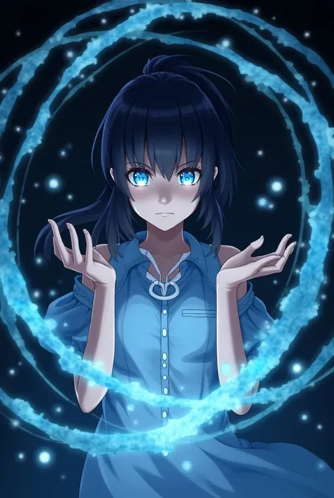 (anime)A teenage girl, Black-haired with a ponytail, wearing a blue blouse with white ,  details with eyes shining blue and with both hands raised,   a circle of water around her, and a black background behind  