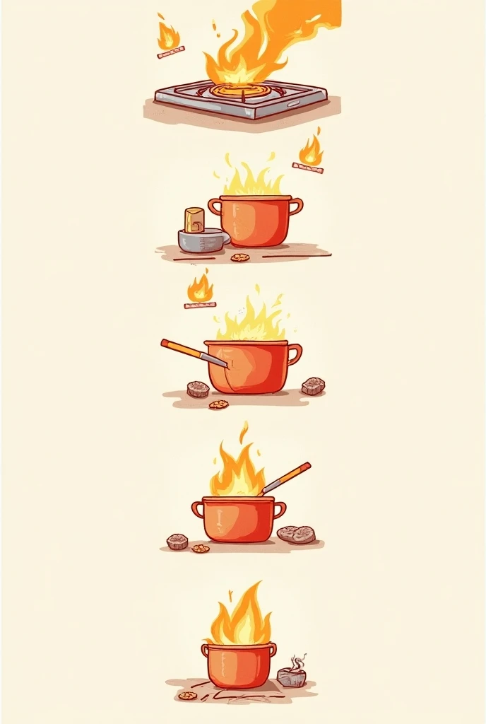 
 Create the following images , one after the other , vertically
Stovetop:  Drawing of a stove with a heat warning .

 Pots and hot foods :  Icon of a pot with steam .

 Lighters and matches :  Small drawings of a lighter and a match .

flames:  Small open...