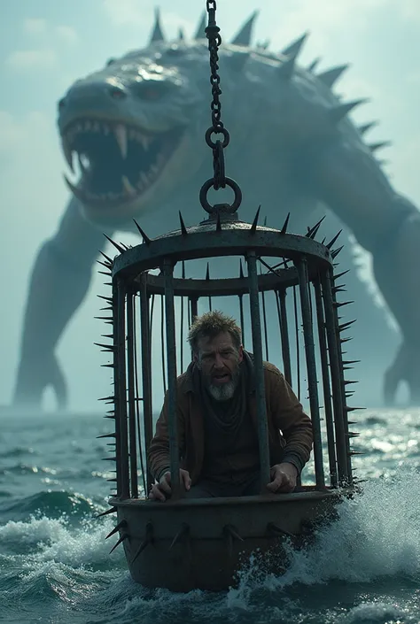 Handicapped fisherman inside a spikes laden cage inside the sea and a colossal sea monster trying to attack 