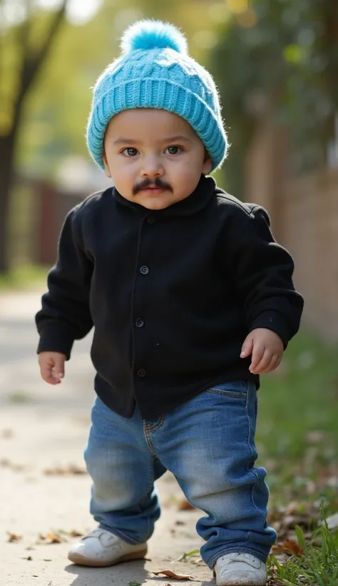  Imagine a small  baby , boy, branco latino,  has a mustache on his face ,  wears an old black shirt ,  and blue jeans , Light blue hairy hat , worn and old,  white shoes , The skinny baby ,  inspired by his early morning ,  the image is on an ultra-realis...