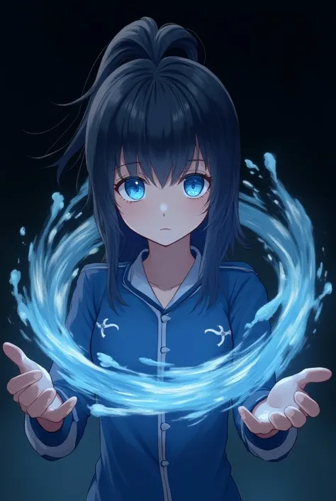 (anime)A teenage girl, Black-haired with a ponytail, wearing a blue blouse with white ,  details with eyes shining blue and with both hands raised,   a circle of water around her, and a black background behind  