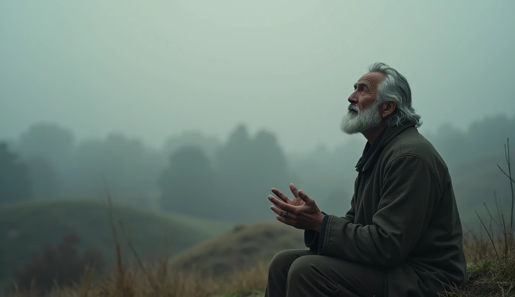 Cinematographic image n of a wise man sitting thinking with his hands raised and looking at the sky thanking in the background a landscape that transmits peace with gray colors 
