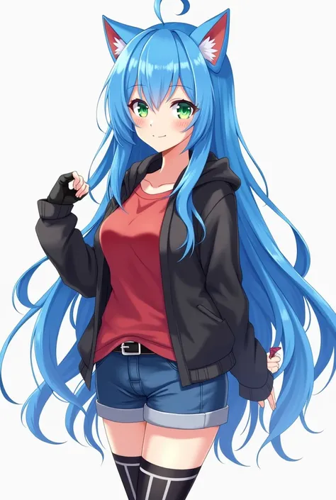 An anime girl,  teenager, long hair color blue , fringe, hedgehog ears ,  green-eyed,red shirt, Black sweatshirt, black and white gloves , belt, blue shorts,  black and white long socks, red shoes