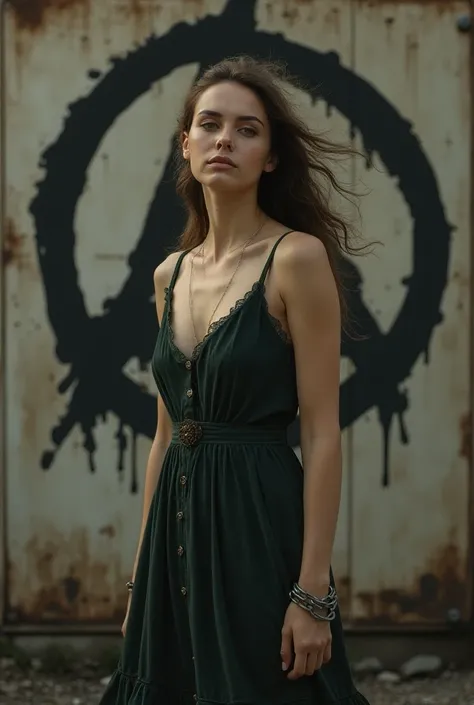  Beautiful woman in an old dress, breaking the chain ,  against the background of a sign of anarchy 