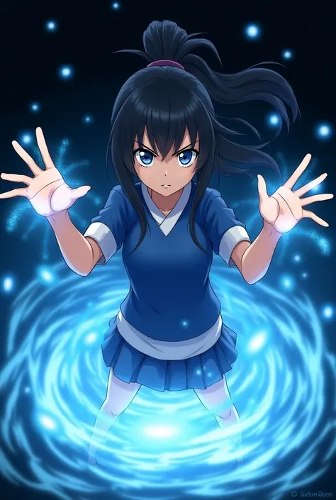 (anime)A teenage girl, Black-haired with a ponytail, wearing a blue blouse with white , with eyes shining blue, with both hands raised and a serious expression,   a circle of water around her, and a black background behind  