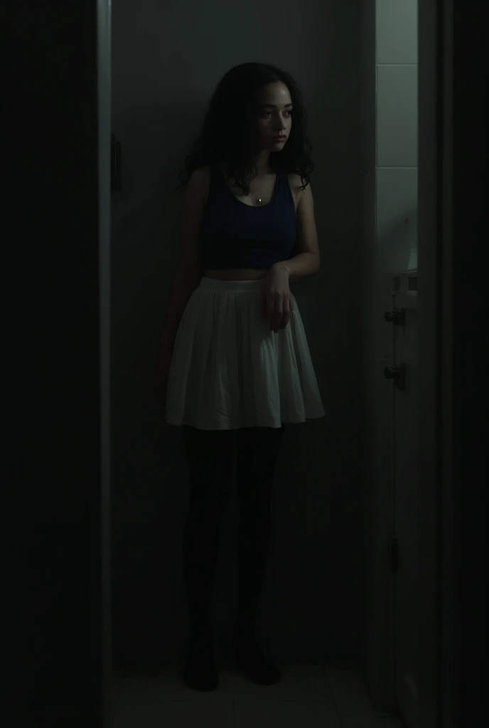 Girl  in skirt and tights in toilette  dark room
