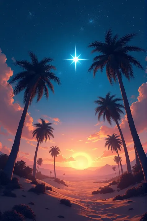  Background of the star of Bethlehem at night that you can see the desert, Palm trees and how animated  