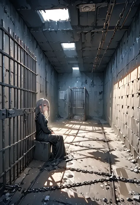 masterpiece, best quality, 8k, highres, ultra-detailed, hdr, uhd,1girl, sit down,desolate prison,
behind bars,
confinement,
pris...