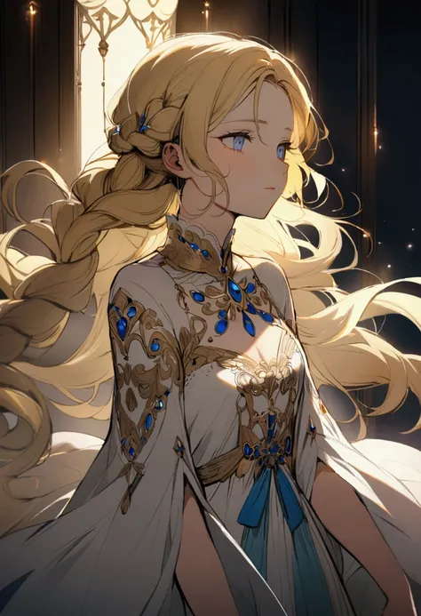 A beautiful girl with long, blonde hair styled in braids, featuring a delicate, light-white dress with intricate blue and gold detailing.  She is positioned slightly to the left of center within the frame. Her expression is gentle and thoughtful, gazing do...