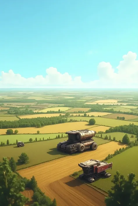  overview of vast areas of very varied farms under a blue sky; several futuristic agricultural machines in poor condition.