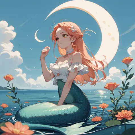 Moonlit Night、Mermaid sitting alone on the seashore 、 Her hair is long and beautiful with a gradation color of pink and orange、Staring at the crescent moon with a lonely expression 、 The mermaid wears countless small drops of water around it 。