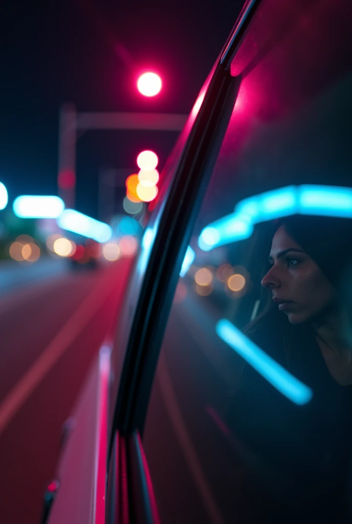 A scene showing neon lights reflected in a moving car window at night. A figure is seen looking out of the window, with soft facial features partially illuminated by the neon glow. The neon lights create a blend of colors like pink, blue, and orange on the...