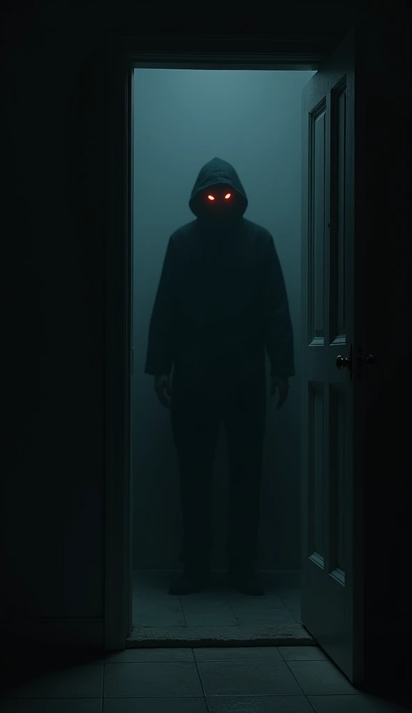 "A shadowy figure standing half-hidden in a dark doorway, only his intense eyes visible, watching the street intently as if waiting for someone."
