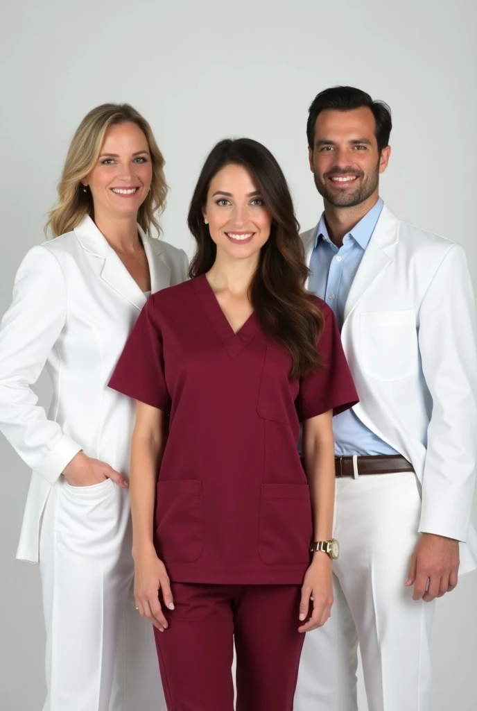  Studio-like photo with a woman in the center wearing wine-red medical uniform , her husband in white clothes and her parents in white clothes 