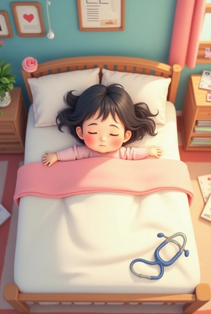 Make a rectangular image of a girl sleeping in it dreaming that when she grows up she will be a doctor animated style