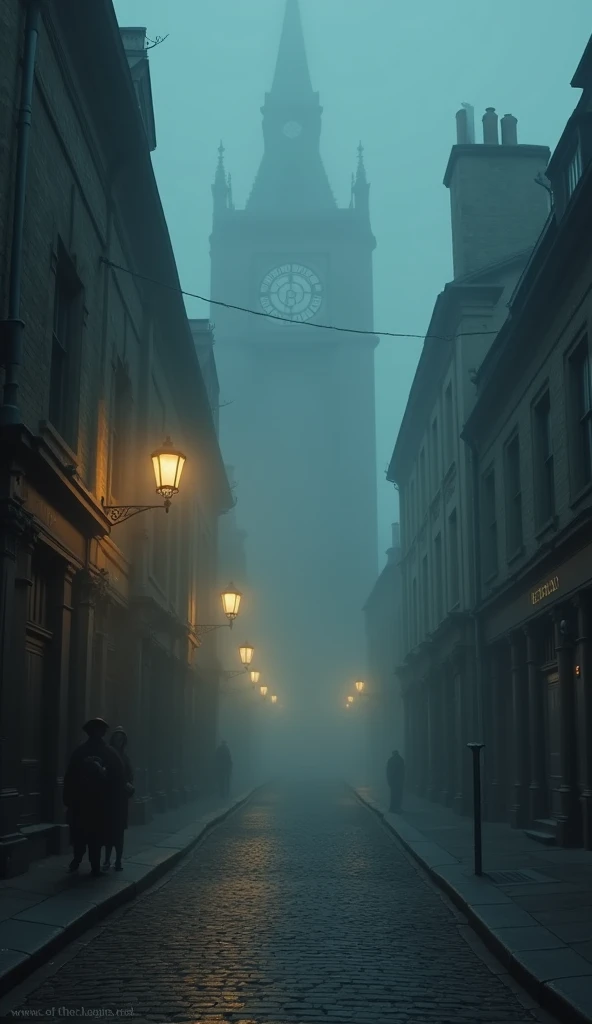 "A desolate London street under a foggy midnight sky, lined with old stone buildings, completely empty with only the soft glow of gas lamps."
