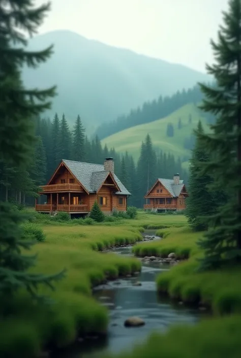 A blurry image showing luxurious lodges and nature in the background 