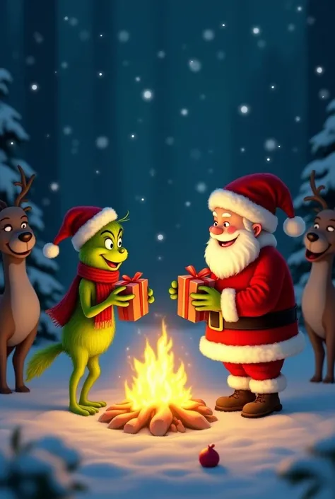 The Grinch as a cute boy with a scarf sharing gifts and a Christmas hat with Santa Claus and reindeer with a bonfire at night snowing