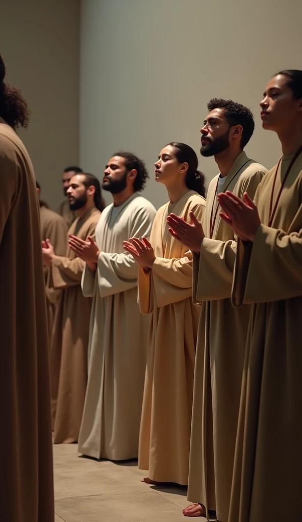 Several people in modern day robes praying to God with faith 8k 