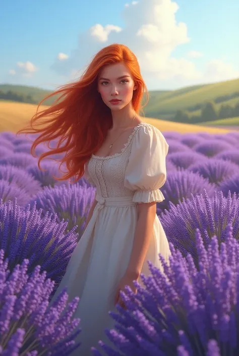 Beautiful red head european farm girl in a field of lavender 