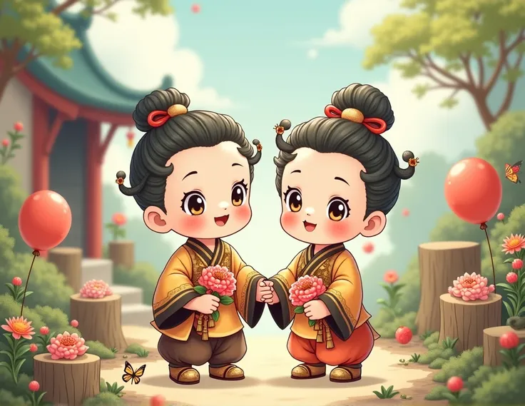 Two male Chinese babies Illustration 、anime、High image quality、cute、llustration, the first one wearing an ancient Chinese dress, a corkscrew, wearing an antique shoe, standing behind a flower stalk. ,Two smaller people wearing antique Chinese dresses, cork...