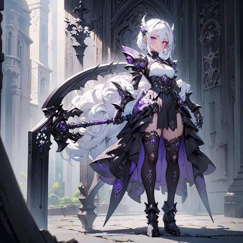 (((masterpiece, best quality, high detailed, 16k))) (1girl)  A breathtakingly beautiful young girl with short stylish white hair and piercing eyes. She wears a demonic armor in purple black and white. wields a large stylized scythe. ((full body front view)...