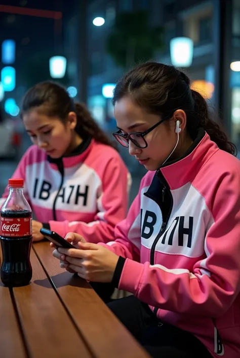  I saw a nighttime photo of someone sitting in what appeared to be such as an outdoor cafe or restaurant table.  They are wearing pink and white athletic jackets with black accents and writing  "IBAH" Which looks big and easy to read and glasses ,  and the...