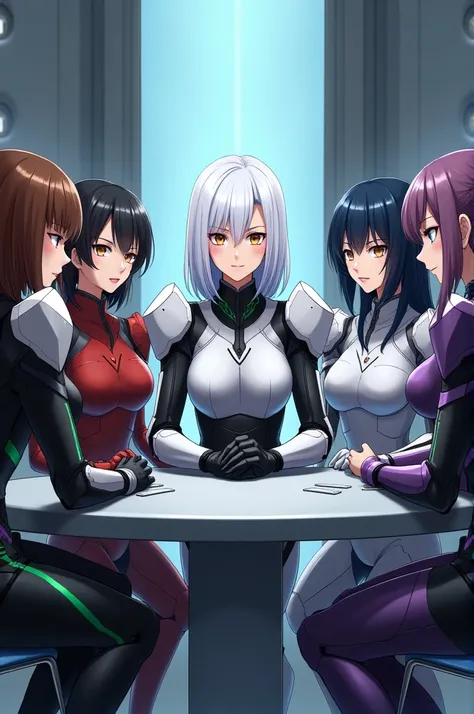  she An intelligent look and their armor is red and black {x} they wear futuristic armor and a dark green jacket by Top {x} A group of five anime-style women seated at a futuristic meeting table,  she has a more relaxed look and her armor is purple and bla...