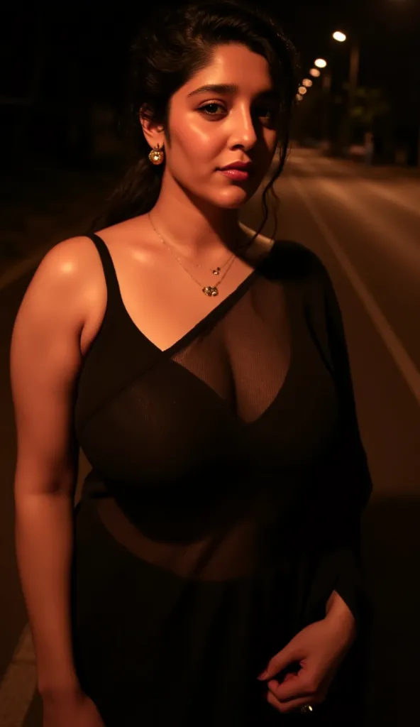 night, indian on highway road, voluptuous, curvy, hourglass figure, swooping breasts, deep cleavage, sexy armpits, nipples, sedu...