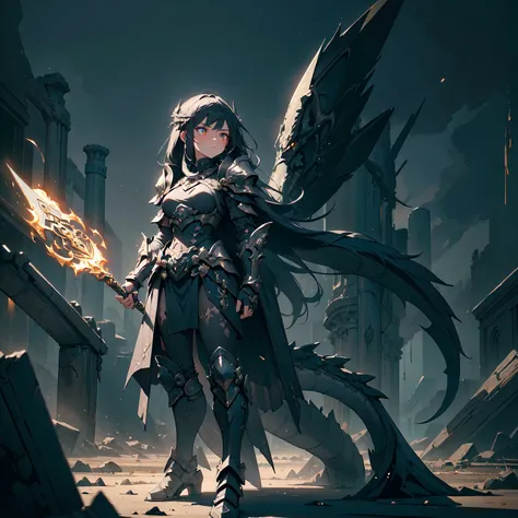 (((masterpiece, best quality, 8k))), female warrior, (full-body), obsidian dragon armor, ethereal glow, long flowing black hair, strands adorned with silver beads, piercing golden eyes, determined expression, standing atop a shattered battlefield, flames a...