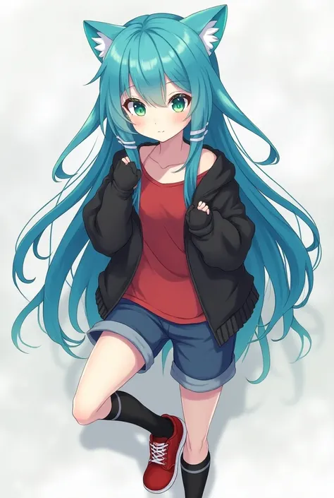 An anime girl,  teenager, long hair color blue , fringe, hedgehog ears ,  green-eyed,red shirt, with breasts, Black sweatshirt, black and white gloves , blue shorts,  black and white long socks, red shoes