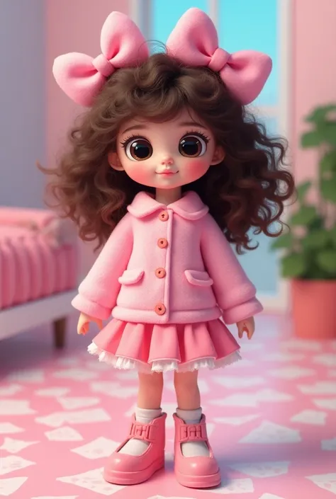 Create a curly-haired brunette character with bows and hello Kitty Little big eyes wearing pink teenage clothes 