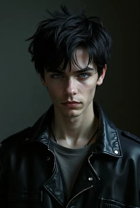 a handsome boy, 20 years old, with black and white messy hair, striking hunter eyes, serious facial expression, wearing a black leather jacket, white skin (best quality,4k,8k,highres,masterpiece:1.2),ultra-detailed,(realistic,photorealistic,photo-realistic...