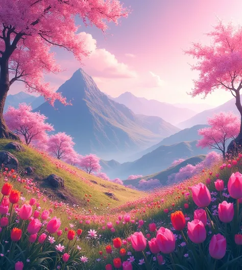 on hillside, colorful cockscomb flowers, cherry blossom trees and mountains, bright sky morning, pink atmosphere 