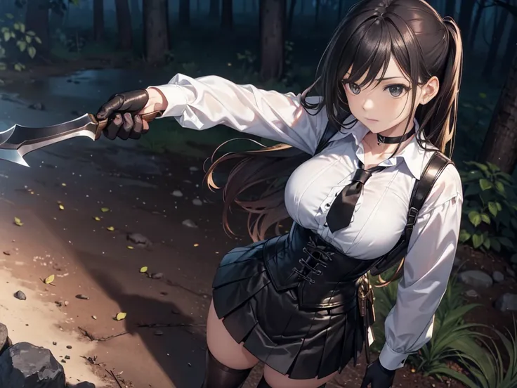  masterpiece ,  Best quality , high resolution,  beautiful detailed eyes,  extremely detailed face , Detailed CG, 1 girl; standing, fighting pose, holds an axe in his hand,  seen from above ,  looking at the spectator,  long black hair , black eyes, choker...