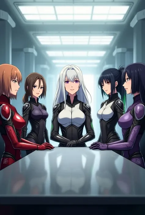  she An intelligent look and their armor is red and black {x} they wear futuristic armor and a dark green jacket by Top {x} A group of five anime-style women seated at a futuristic meeting table,  she has a more relaxed look and her armor is purple and bla...