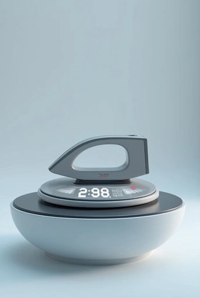 Household clothes iron, Latest wireless model with wireless battery, with the large round button in the center of the plate of shape and digital design numerical graphic plasma.