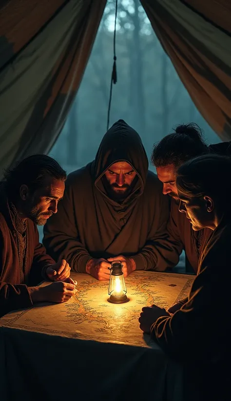 Inside a dimly lit tent, characters huddle around a map on a table, illuminated by flickering lantern light. Intense expressions are visible, shadows cast across their faces, with one figures eyes glowing with a deep, determined resolve.