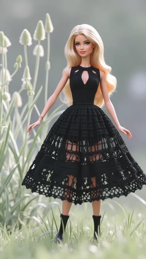  A beautiful Barbie doll wearing a black crochet dress.
 The skirt is knee-length at .hollowed and ruffled crochet .
 The top has a sexy neckline .
 She wears black shoes and socks and is in a field  