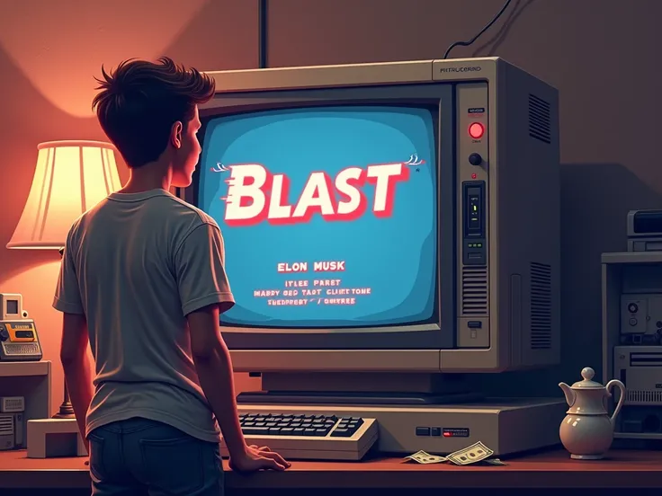 The screen of an old computer displaying the Blast game title screen with simple, pixelated graphics. In the background, a young Elon holds a small check or cash symbolizing his first earnings