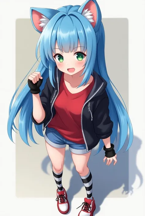 An anime girl,  teenager, long hair color blue , fringe, hedgehog ears ,  green-eyed,red shirt, with breasts, Black sweatshirt, black and white gloves , blue shorts,  black and white long socks, red shoes