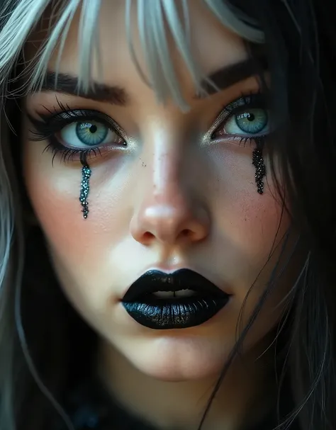  Close-up portrait of a young woman with long  , Black hair with white highlights ,  Your stunning blue eye and the other green are framed by Egyptian cat makeup ,  black lipstick your lips are slightly parted sexy ,  showing a soft , natural tint . The sh...