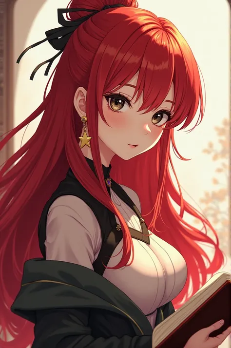 Create anime of a beautiful girl , manhwa style, 2D, Asian eyes,  strong and long red hair with a hime cut , Detailed face, dark black eyes,  with a dot under her left eye ,  Half-length portrait, elevated details,  holding a book in her right hand ,  wear...