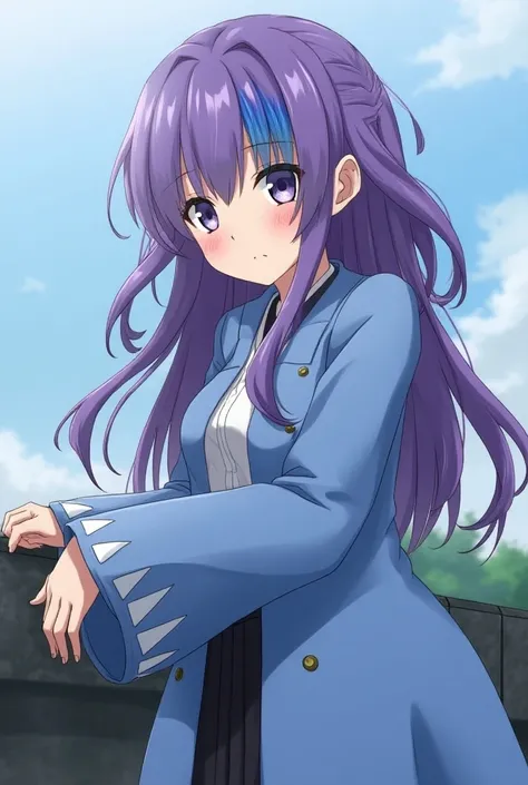 Attractive anime style girl with purple long hair、
 turn a section of ones bangs blue with blue bangs blue with blue highlights on the bangs　Part of the bangs is blue　 blue coat with white triangular pattern on cuffs 　Light blue haori coat　black hakama and...