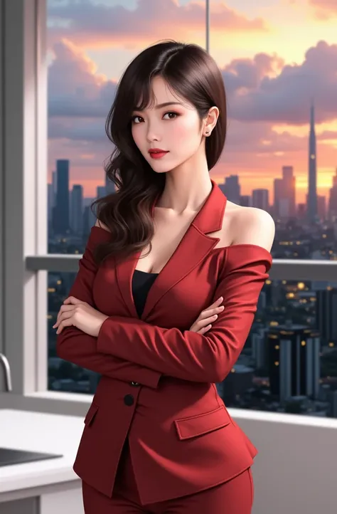 Japanese girl, 1girl, solo, parted lips,  office lady, business suit, skyline, cloud, sunset, looking at viewer, single bare shoulder